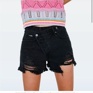 Insane Gene Faded Black Distressed Denim Crossover Jean Mom Shorts
